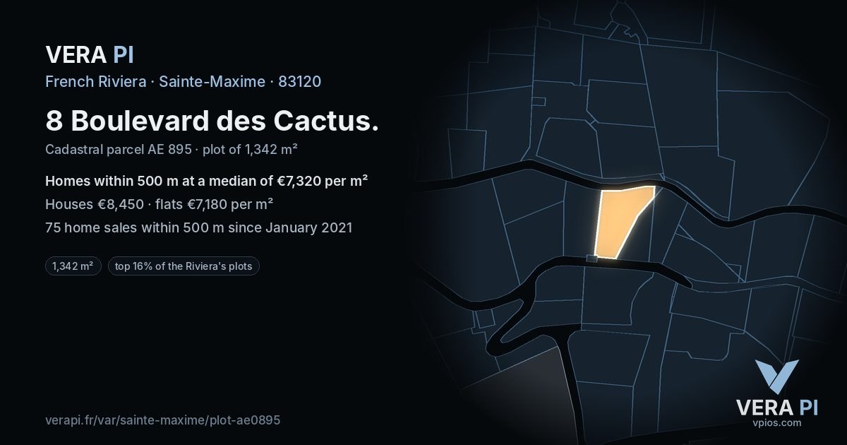 8 Boulevard des Cactus, Sainte-Maxime at night – the plot lit, the parcels around coloured by the prices near them