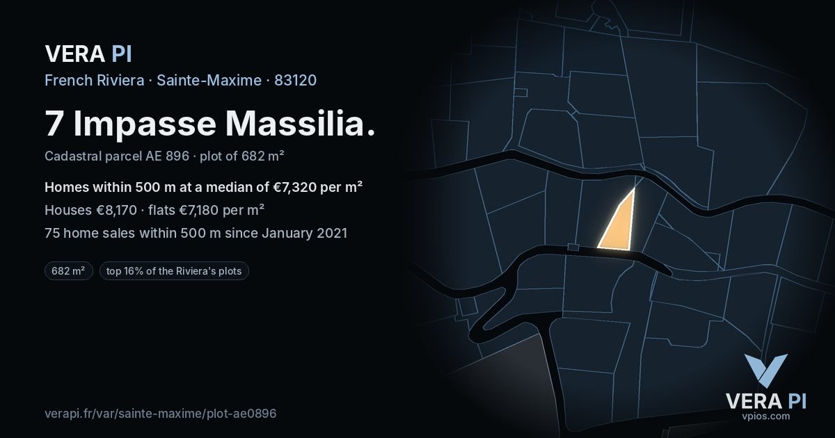 7 Impasse Massilia, Sainte-Maxime at night – the plot lit, the parcels around coloured by the prices near them