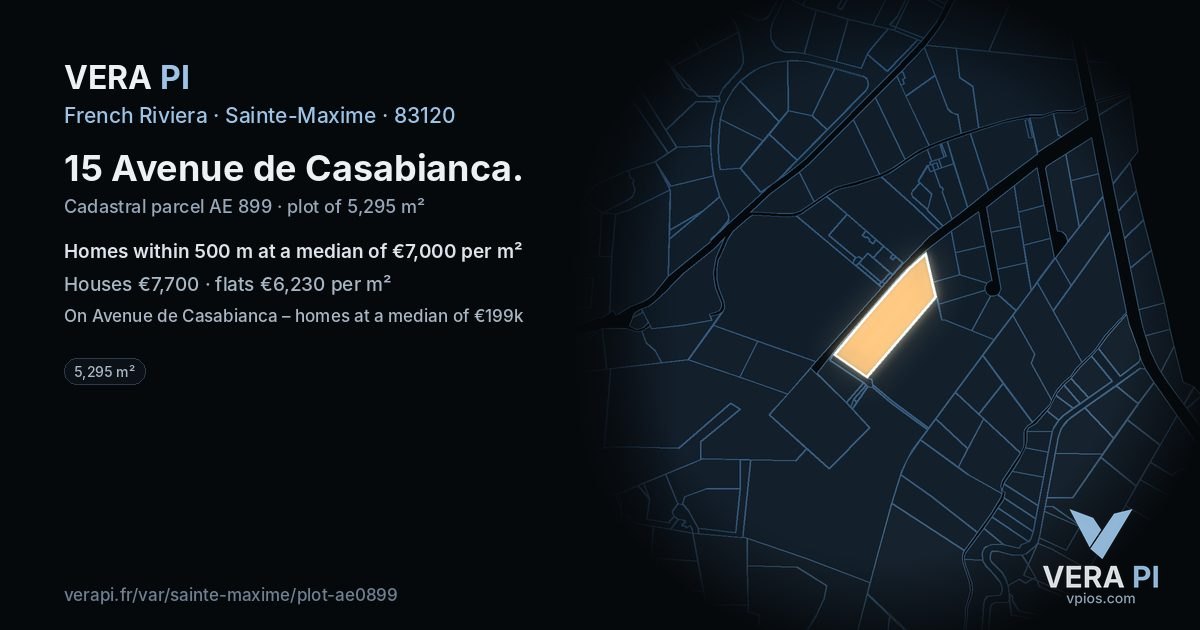 15 Avenue de Casabianca, Sainte-Maxime at night – the plot lit, the parcels around coloured by the prices near them