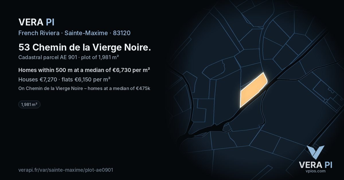 53 Chemin de la Vierge Noire, Sainte-Maxime at night – the plot lit, the parcels around coloured by the prices near them