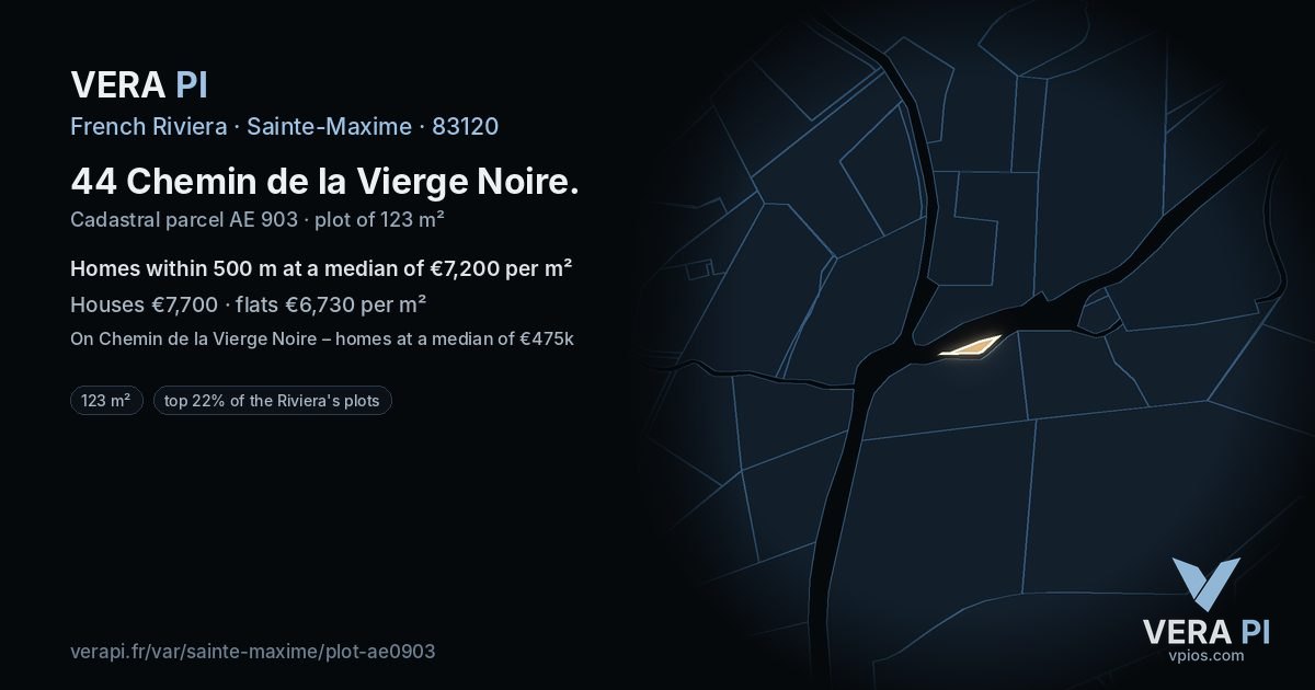 44 Chemin de la Vierge Noire, Sainte-Maxime at night – the plot lit, the parcels around coloured by the prices near them