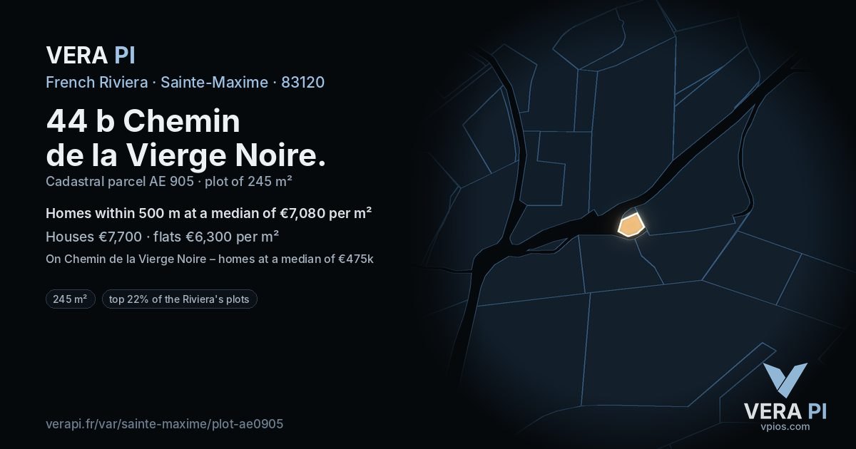 44 b Chemin de la Vierge Noire, Sainte-Maxime at night – the plot lit, the parcels around coloured by the prices near them