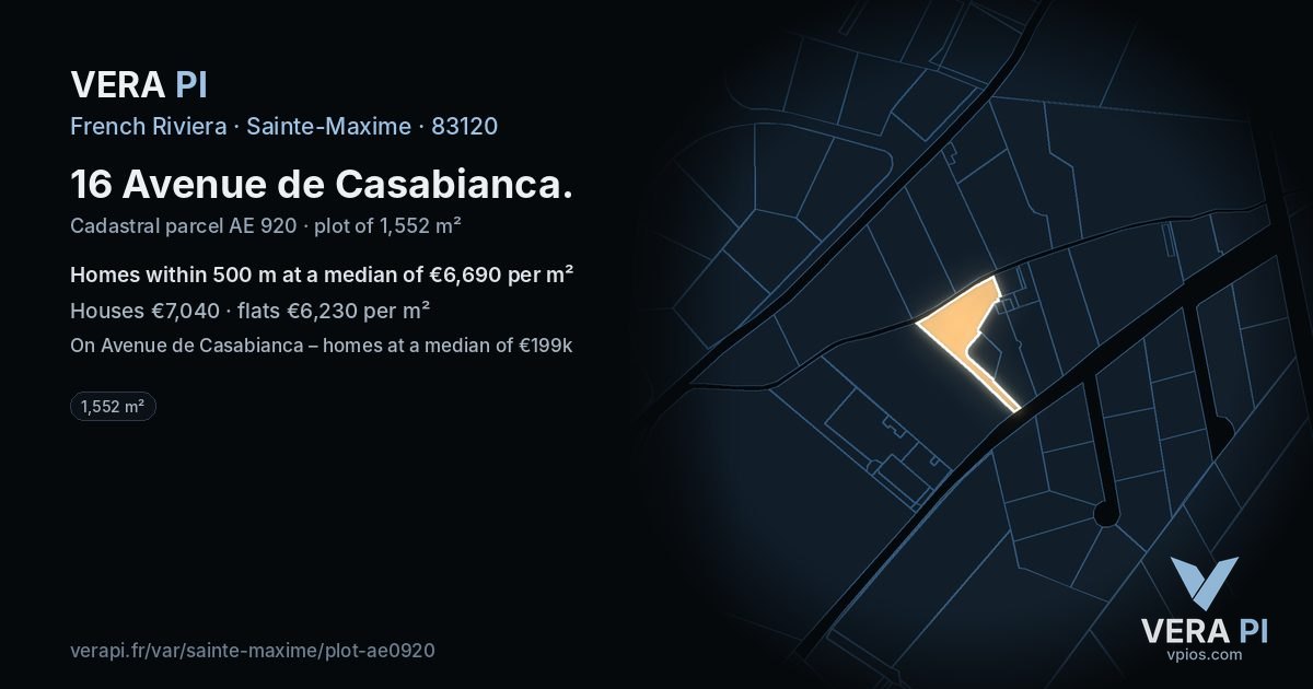 16 Avenue de Casabianca, Sainte-Maxime at night – the plot lit, the parcels around coloured by the prices near them