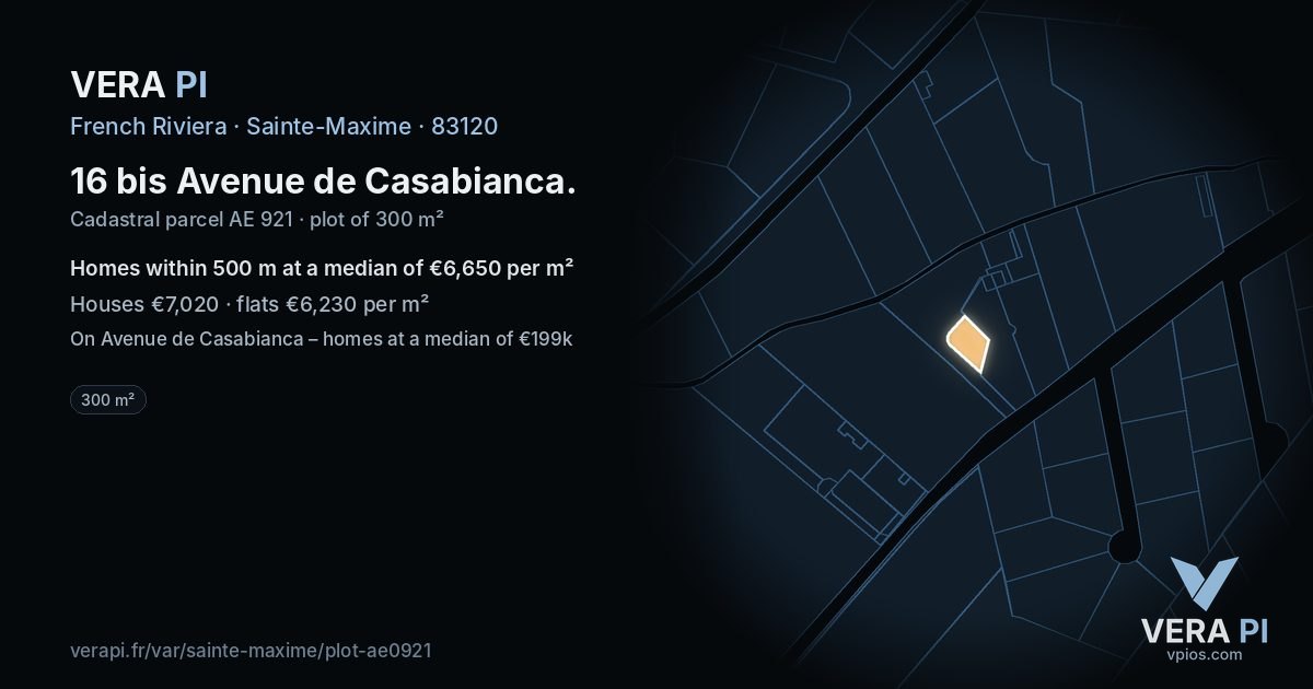 16 bis Avenue de Casabianca, Sainte-Maxime at night – the plot lit, the parcels around coloured by the prices near them