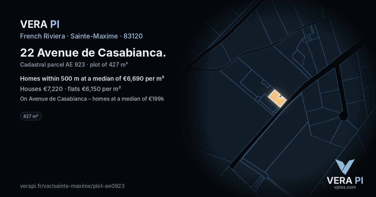 22 Avenue de Casabianca, Sainte-Maxime at night – the plot lit, the parcels around coloured by the prices near them