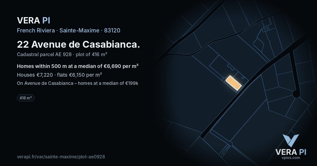 22 Avenue de Casabianca, Sainte-Maxime at night – the plot lit, the parcels around coloured by the prices near them