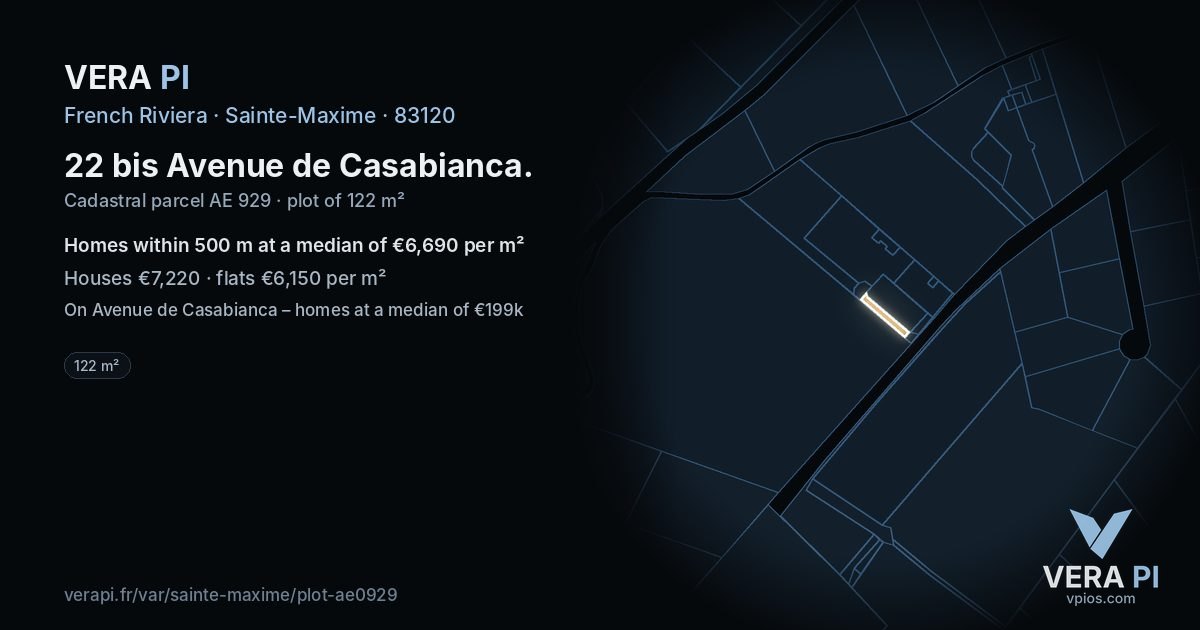 22 bis Avenue de Casabianca, Sainte-Maxime at night – the plot lit, the parcels around coloured by the prices near them