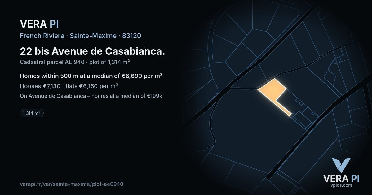 22 bis Avenue de Casabianca, Sainte-Maxime at night – the plot lit, the parcels around coloured by the prices near them