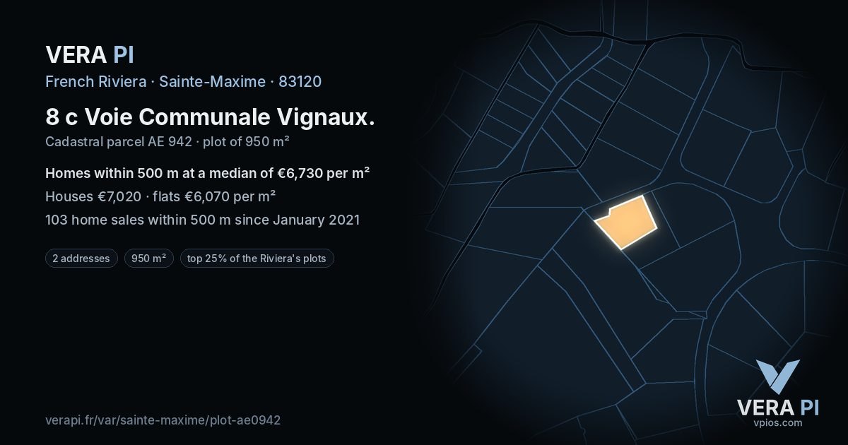 8 c Voie Communale Vignaux, Sainte-Maxime at night – the plot lit, the parcels around coloured by the prices near them