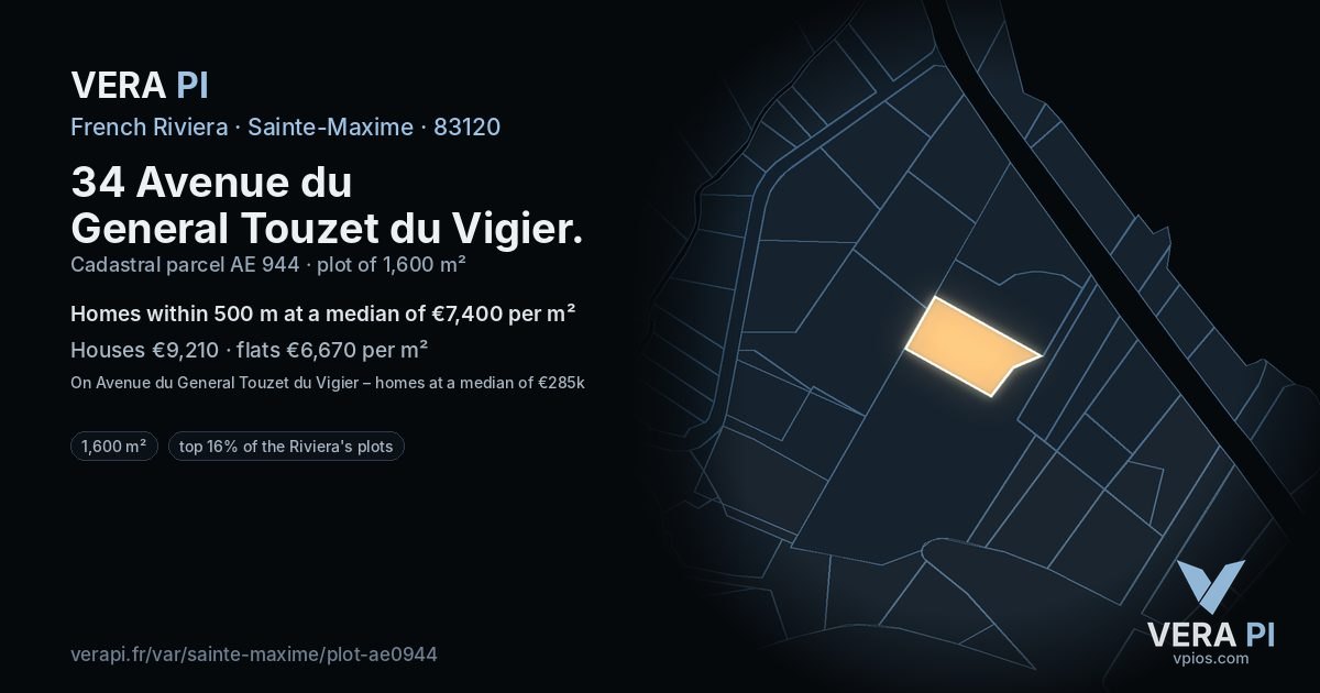 34 Avenue du General Touzet du Vigier, Sainte-Maxime at night – the plot lit, the parcels around coloured by the prices near them
