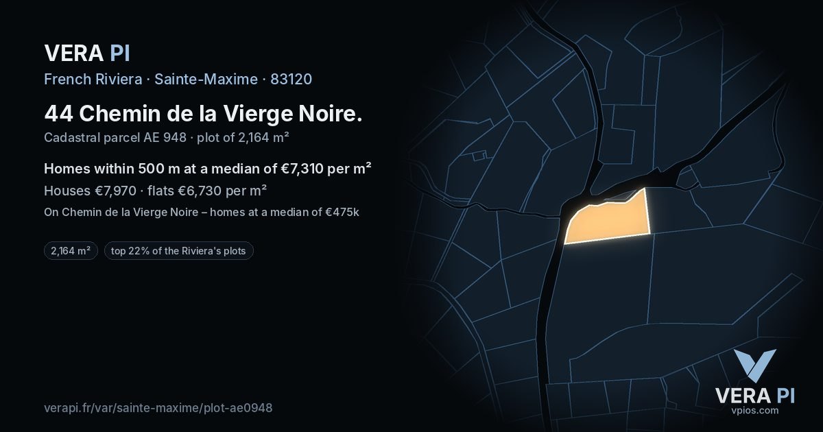 44 Chemin de la Vierge Noire, Sainte-Maxime at night – the plot lit, the parcels around coloured by the prices near them