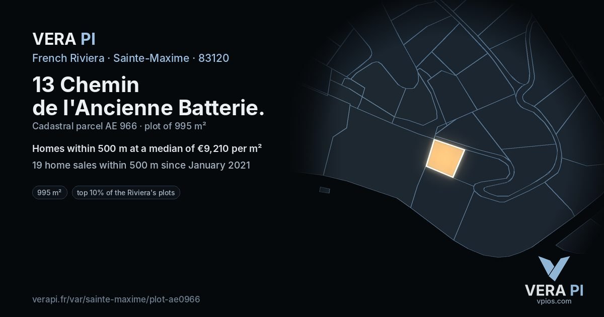 13 Chemin de l'Ancienne Batterie, Sainte-Maxime at night – the plot lit, the parcels around coloured by the prices near them