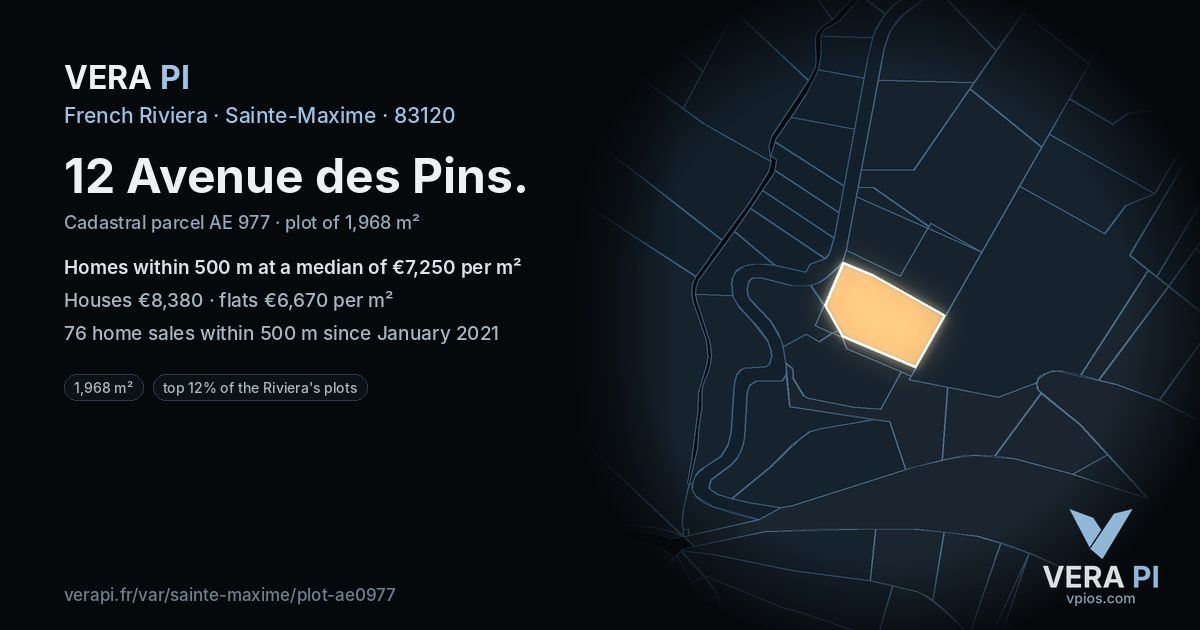 12 Avenue des Pins, Sainte-Maxime at night – the plot lit, the parcels around coloured by the prices near them