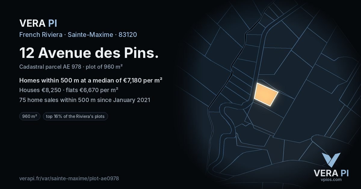 12 Avenue des Pins, Sainte-Maxime at night – the plot lit, the parcels around coloured by the prices near them
