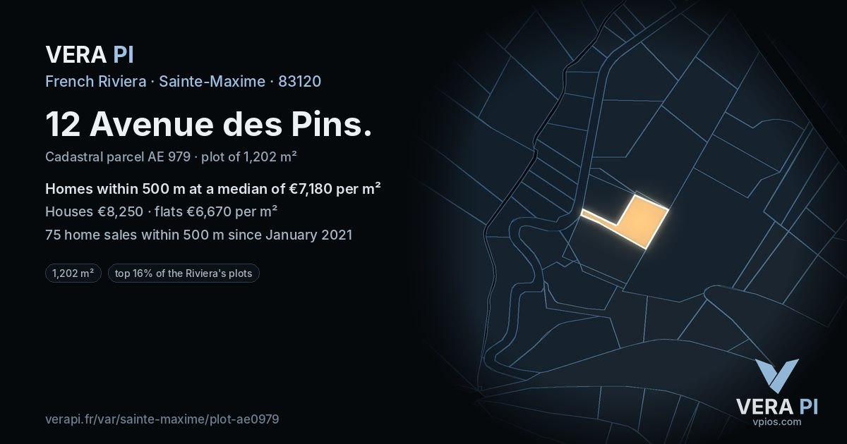 12 Avenue des Pins, Sainte-Maxime at night – the plot lit, the parcels around coloured by the prices near them