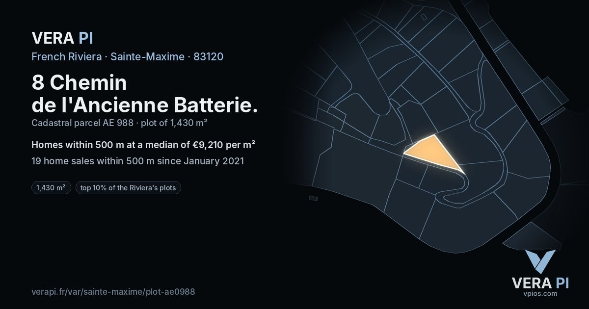 8 Chemin de l'Ancienne Batterie, Sainte-Maxime at night – the plot lit, the parcels around coloured by the prices near them