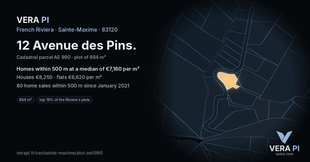 12 Avenue des Pins, Sainte-Maxime at night – the plot lit, the parcels around coloured by the prices near them