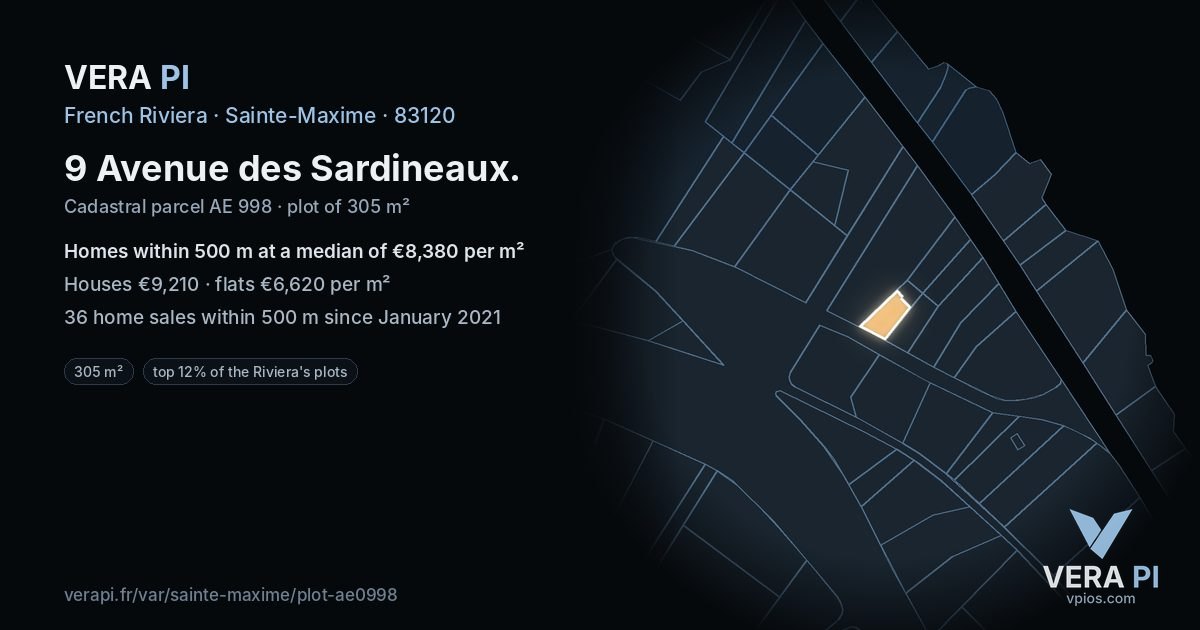 9 Avenue des Sardineaux, Sainte-Maxime at night – the plot lit, the parcels around coloured by the prices near them