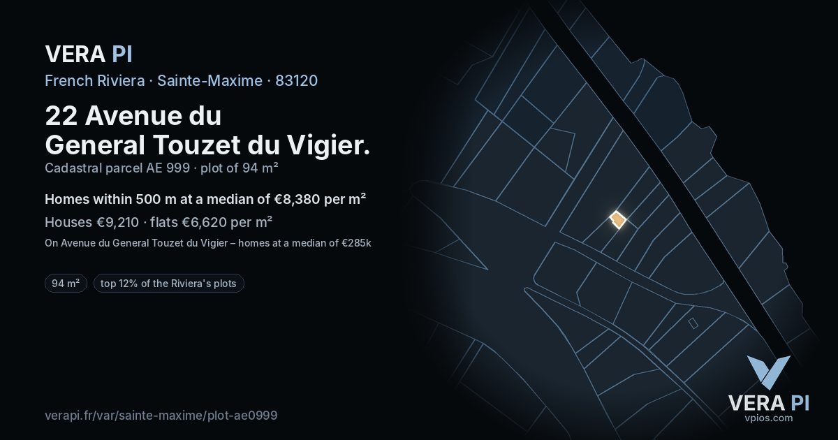22 Avenue du General Touzet du Vigier, Sainte-Maxime at night – the plot lit, the parcels around coloured by the prices near them