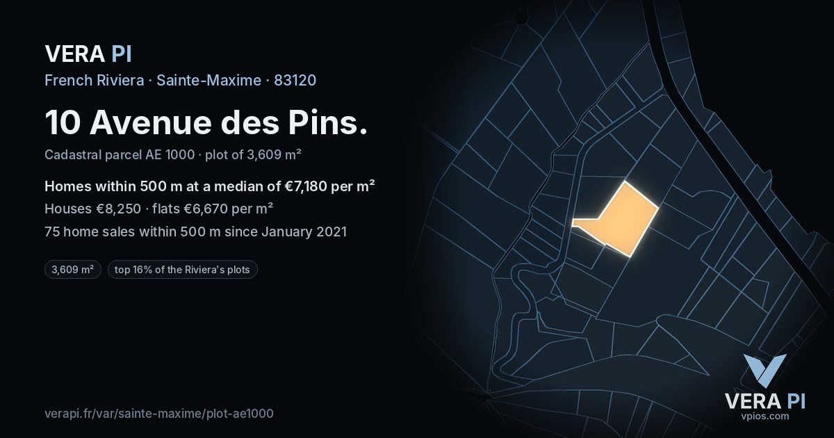 10 Avenue des Pins, Sainte-Maxime at night – the plot lit, the parcels around coloured by the prices near them