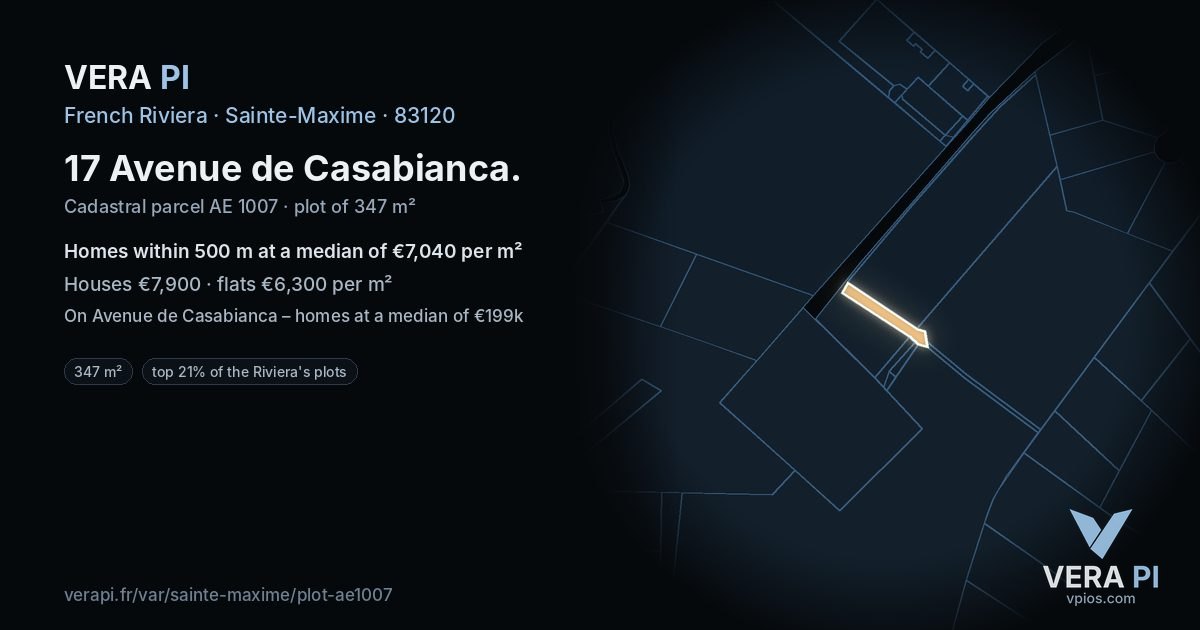 17 Avenue de Casabianca, Sainte-Maxime at night – the plot lit, the parcels around coloured by the prices near them