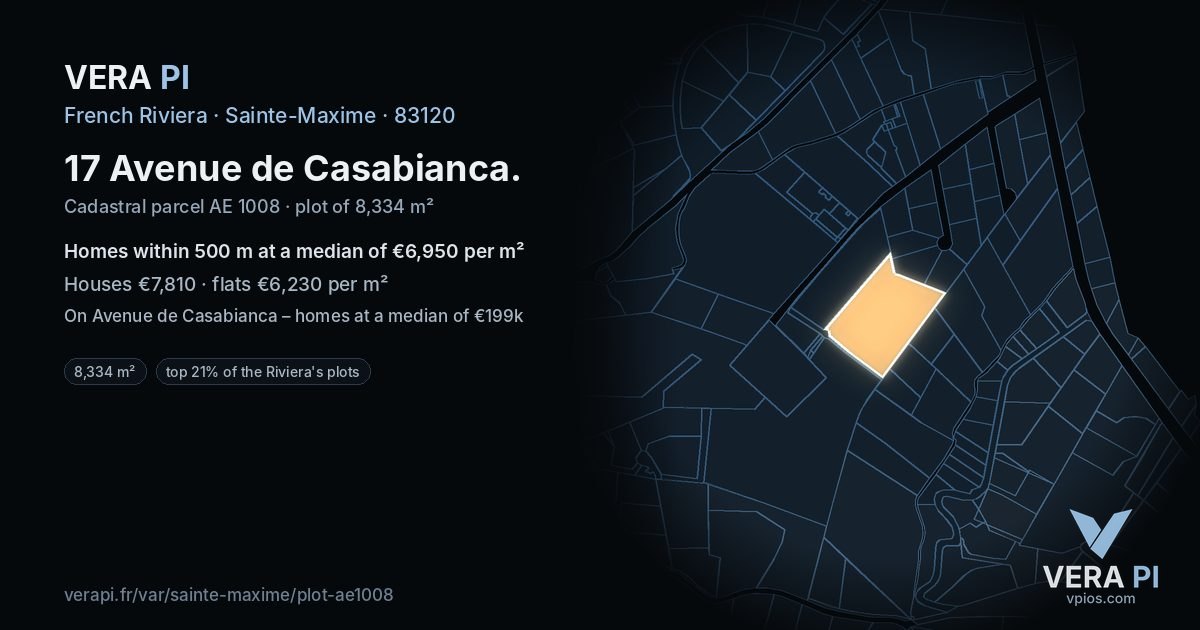 17 Avenue de Casabianca, Sainte-Maxime at night – the plot lit, the parcels around coloured by the prices near them