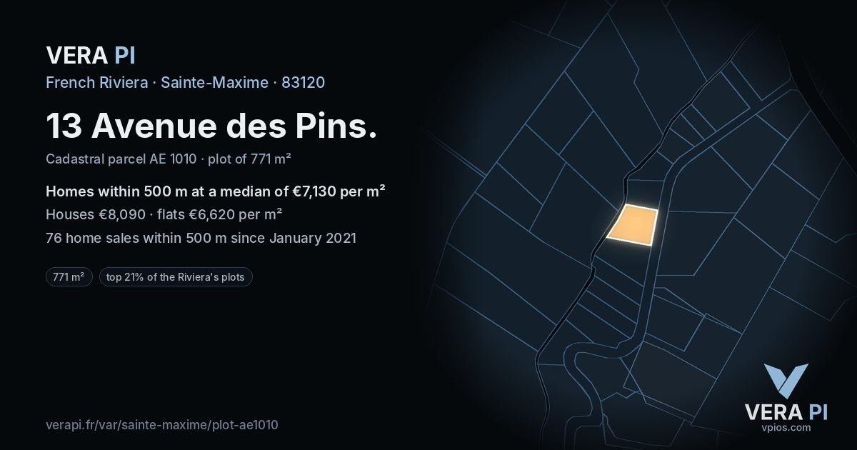 13 Avenue des Pins, Sainte-Maxime at night – the plot lit, the parcels around coloured by the prices near them