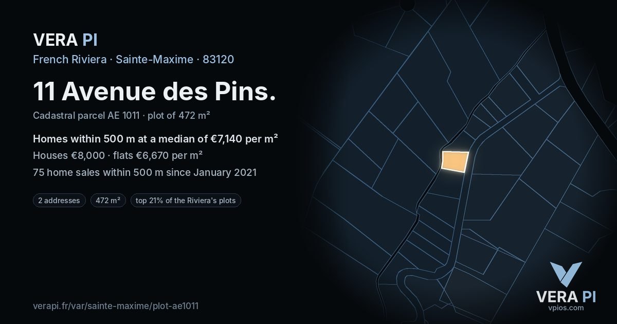 11 Avenue des Pins, Sainte-Maxime at night – the plot lit, the parcels around coloured by the prices near them