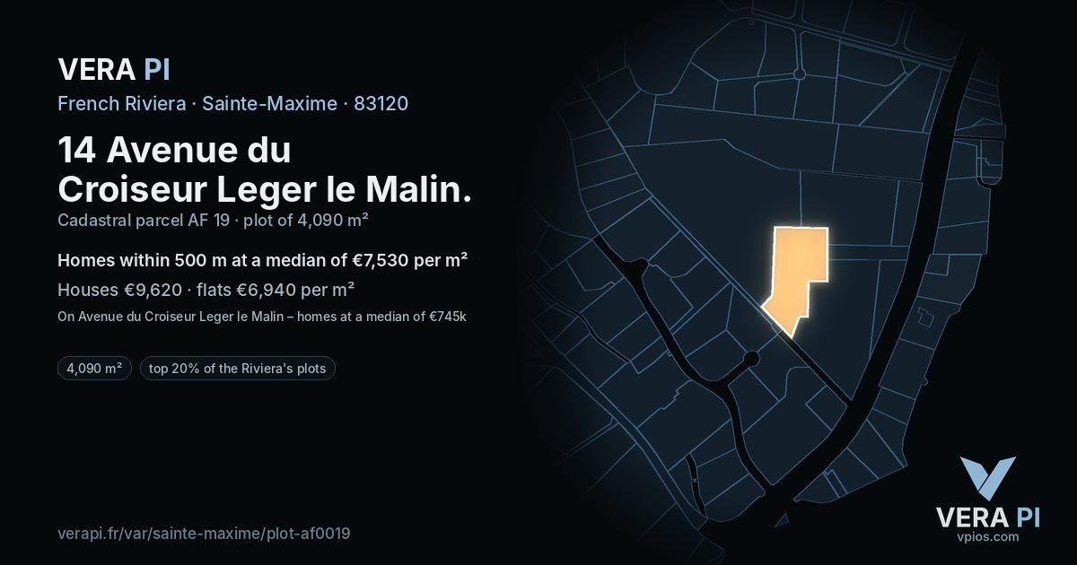 14 Avenue du Croiseur Leger le Malin, Sainte-Maxime at night – the plot lit, the parcels around coloured by the prices near them