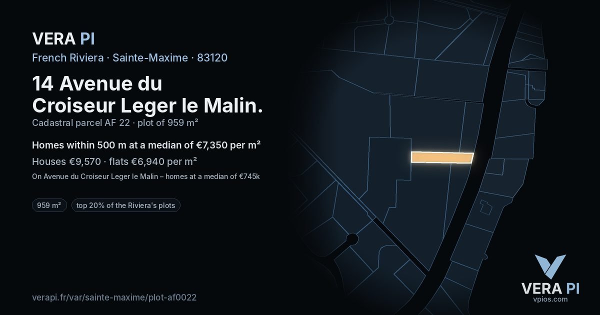 14 Avenue du Croiseur Leger le Malin, Sainte-Maxime at night – the plot lit, the parcels around coloured by the prices near them