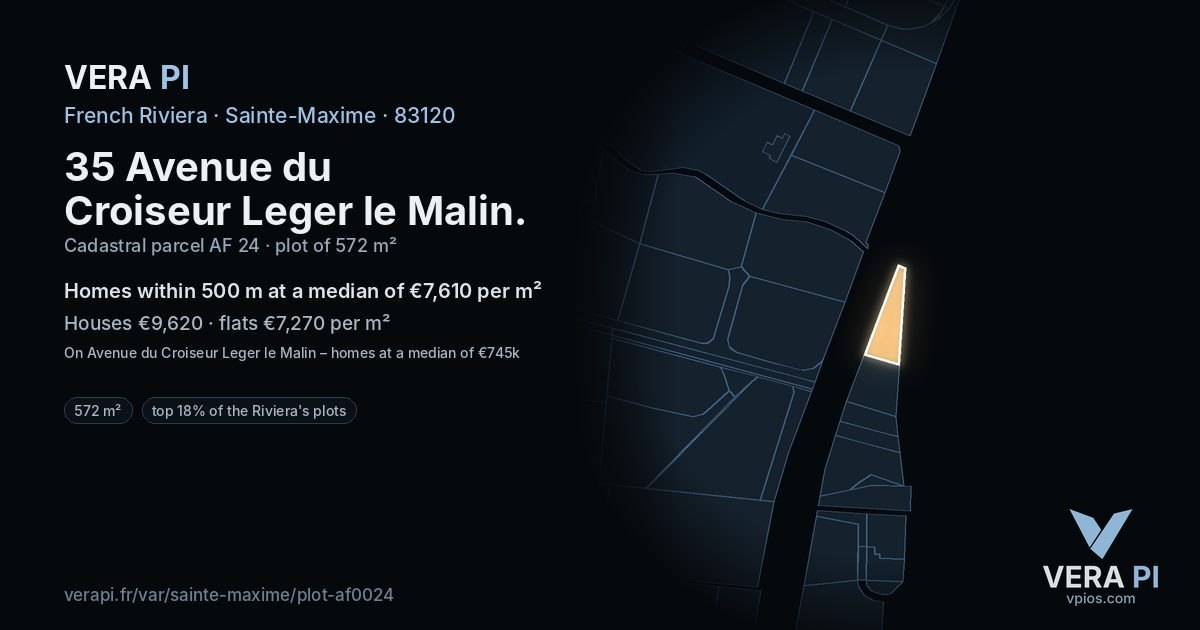35 Avenue du Croiseur Leger le Malin, Sainte-Maxime at night – the plot lit, the parcels around coloured by the prices near them