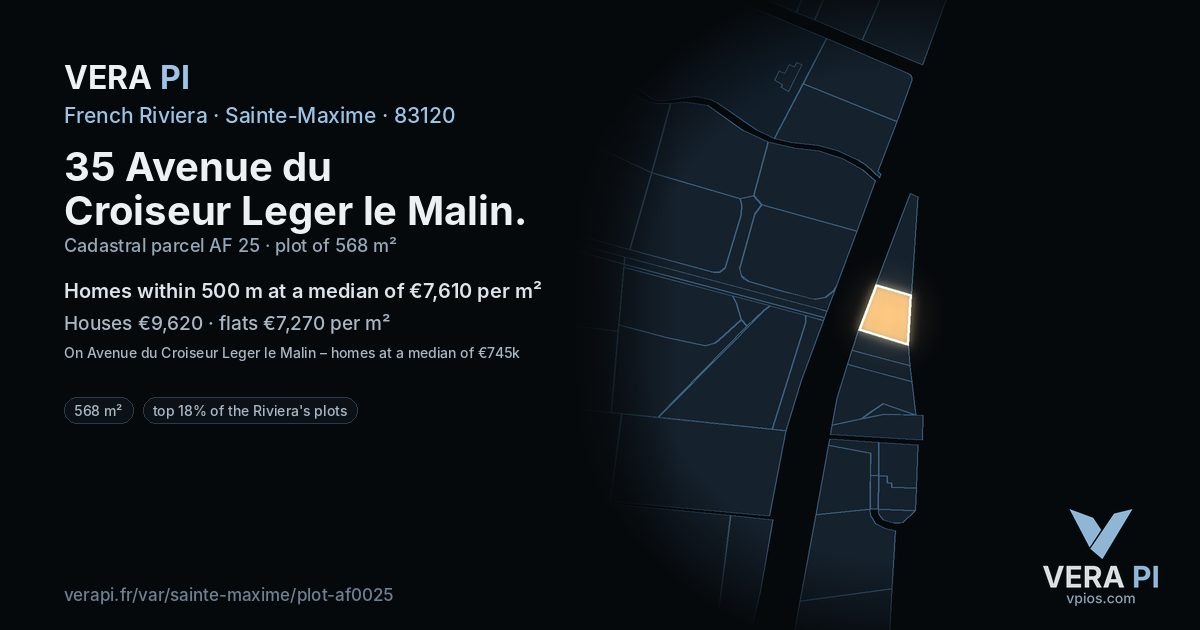 35 Avenue du Croiseur Leger le Malin, Sainte-Maxime at night – the plot lit, the parcels around coloured by the prices near them