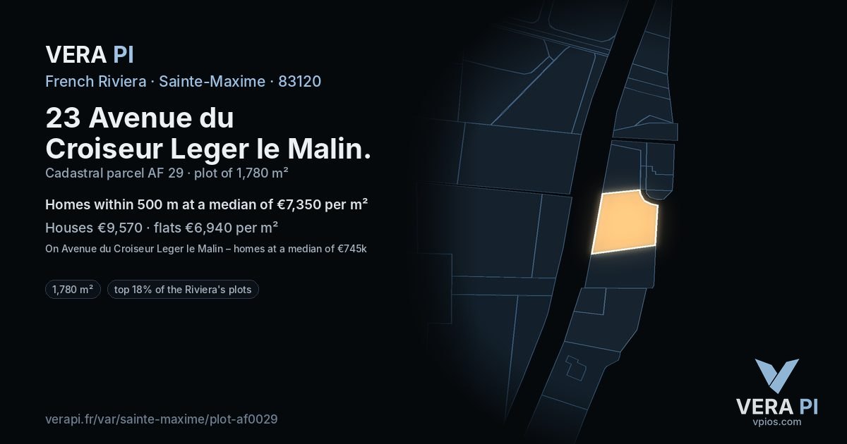 23 Avenue du Croiseur Leger le Malin, Sainte-Maxime at night – the plot lit, the parcels around coloured by the prices near them