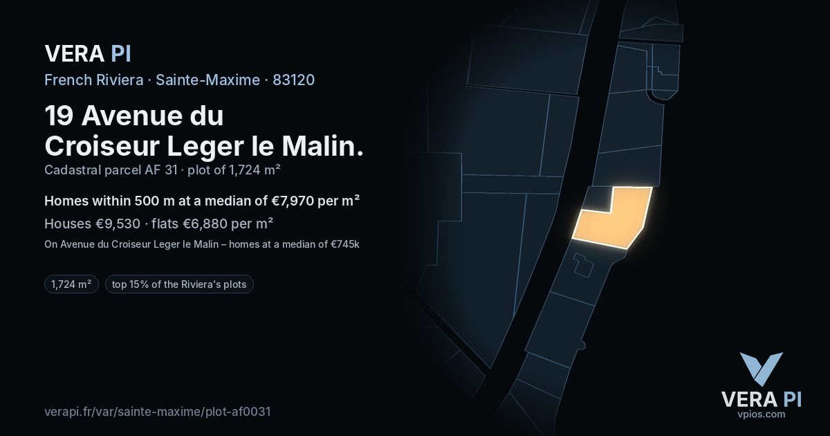 19 Avenue du Croiseur Leger le Malin, Sainte-Maxime at night – the plot lit, the parcels around coloured by the prices near them