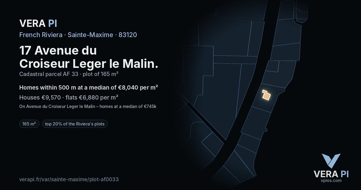 17 Avenue du Croiseur Leger le Malin, Sainte-Maxime at night – the plot lit, the parcels around coloured by the prices near them