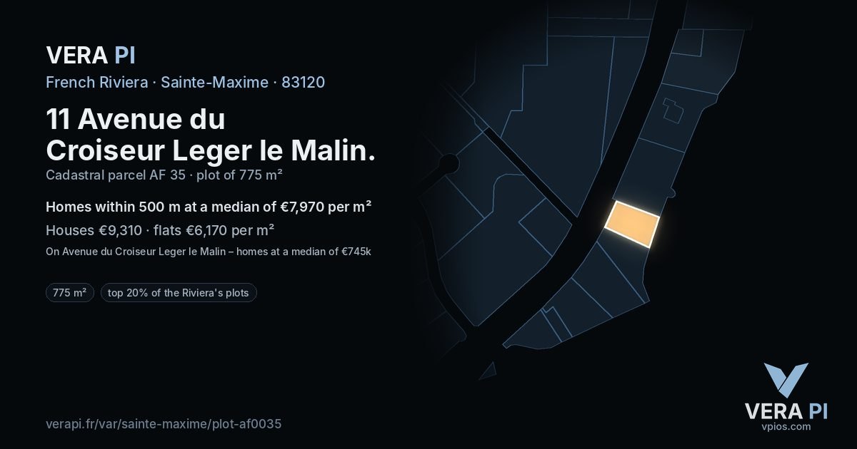 11 Avenue du Croiseur Leger le Malin, Sainte-Maxime at night – the plot lit, the parcels around coloured by the prices near them