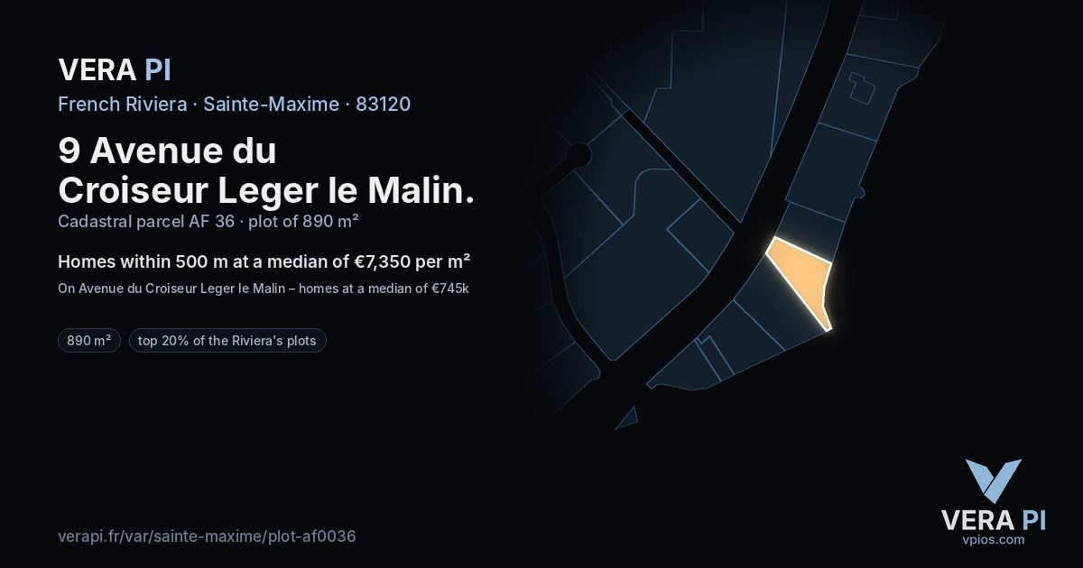 9 Avenue du Croiseur Leger le Malin, Sainte-Maxime at night – the plot lit, the parcels around coloured by the prices near them