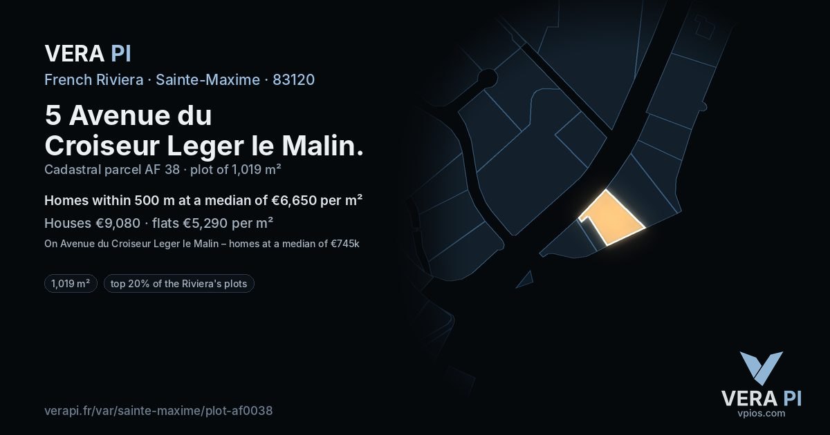 5 Avenue du Croiseur Leger le Malin, Sainte-Maxime at night – the plot lit, the parcels around coloured by the prices near them