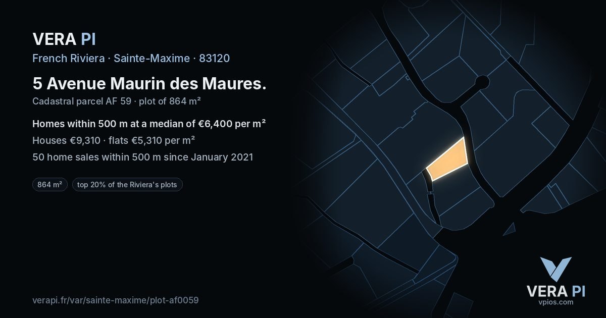 5 Avenue Maurin des Maures, Sainte-Maxime at night – the plot lit, the parcels around coloured by the prices near them