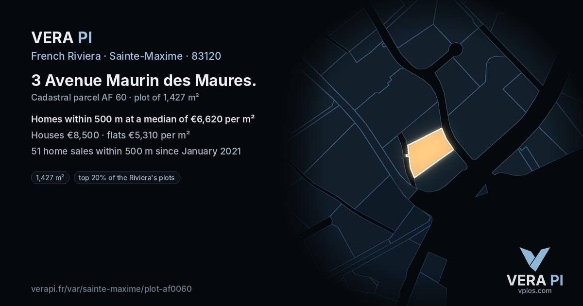 3 Avenue Maurin des Maures, Sainte-Maxime at night – the plot lit, the parcels around coloured by the prices near them