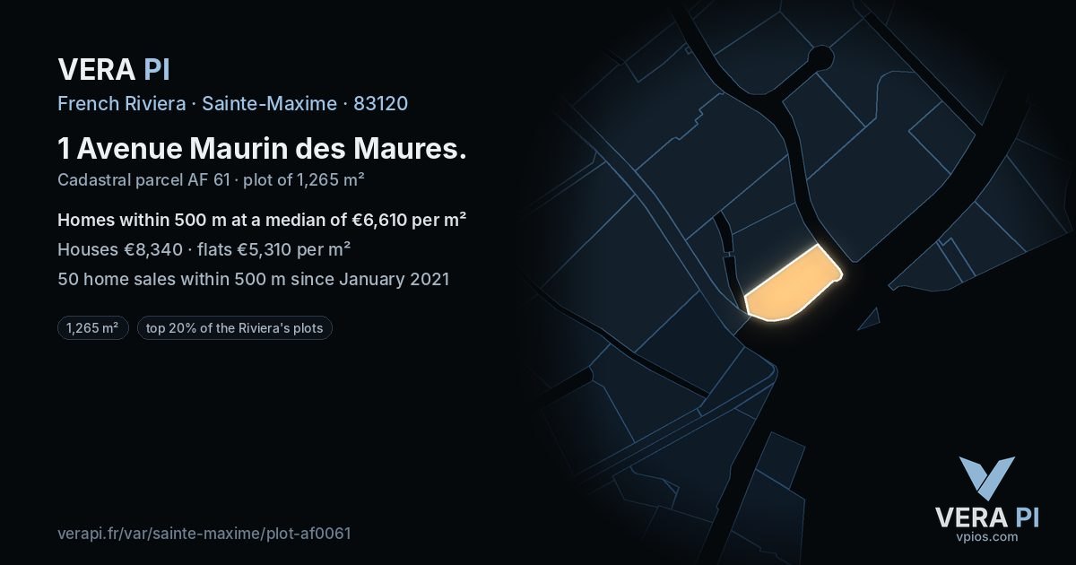 1 Avenue Maurin des Maures, Sainte-Maxime at night – the plot lit, the parcels around coloured by the prices near them