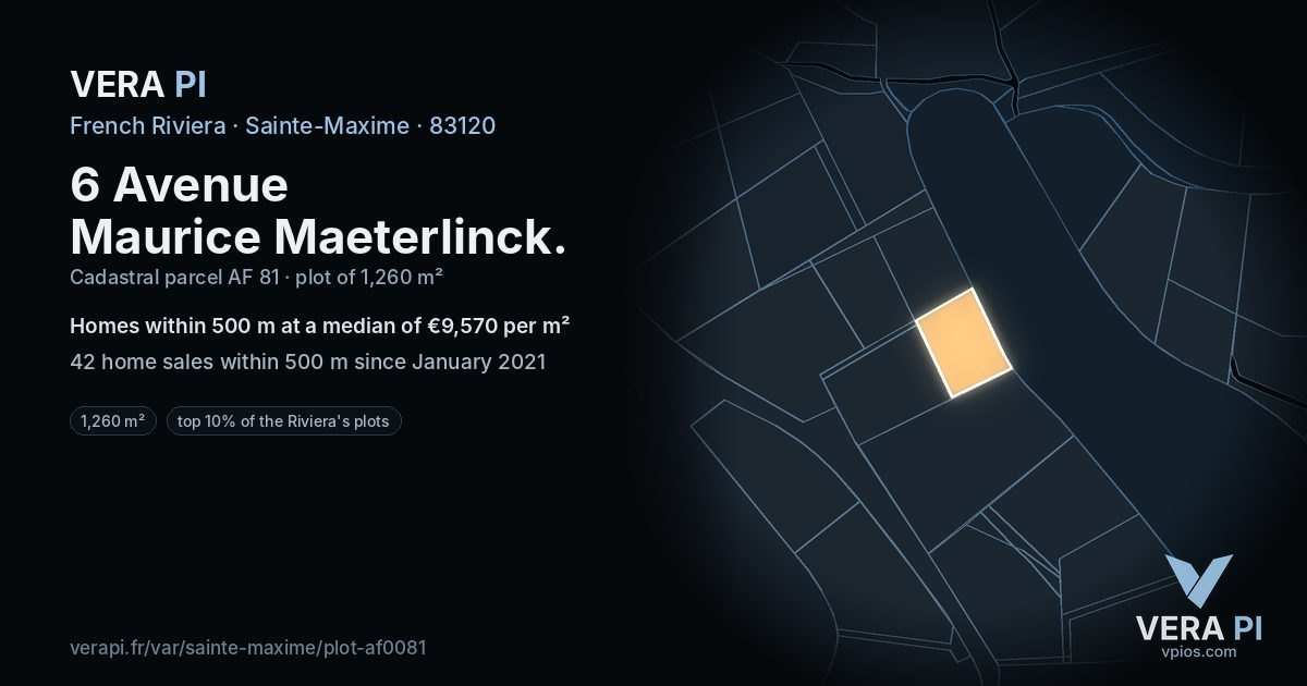 6 Avenue Maurice Maeterlinck, Sainte-Maxime at night – the plot lit, the parcels around coloured by the prices near them