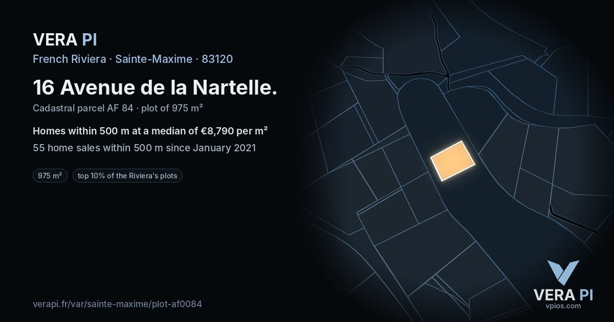 16 Avenue de la Nartelle, Sainte-Maxime at night – the plot lit, the parcels around coloured by the prices near them