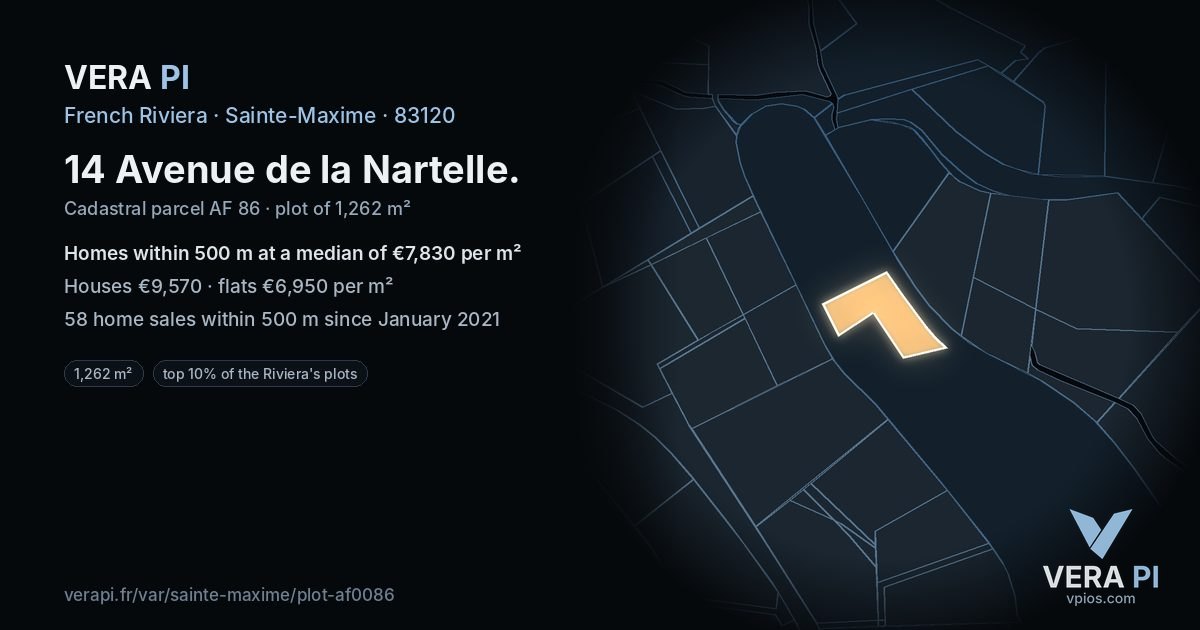 14 Avenue de la Nartelle, Sainte-Maxime at night – the plot lit, the parcels around coloured by the prices near them