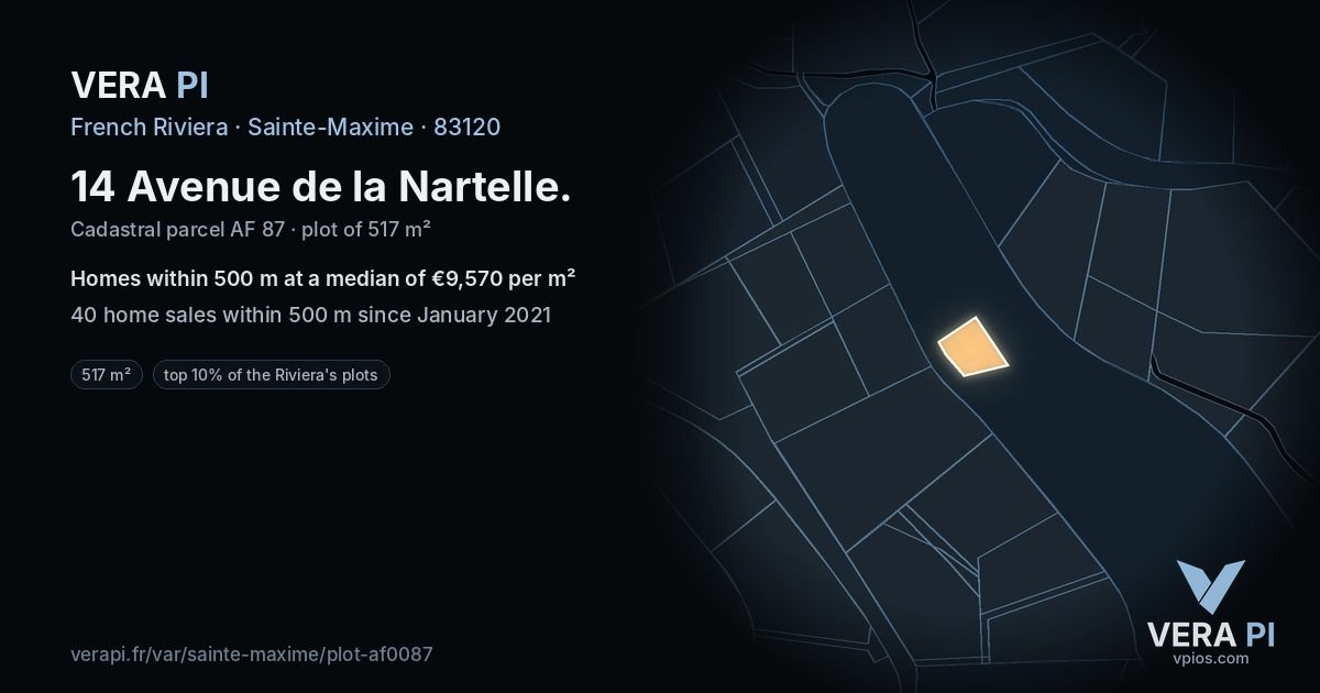 14 Avenue de la Nartelle, Sainte-Maxime at night – the plot lit, the parcels around coloured by the prices near them