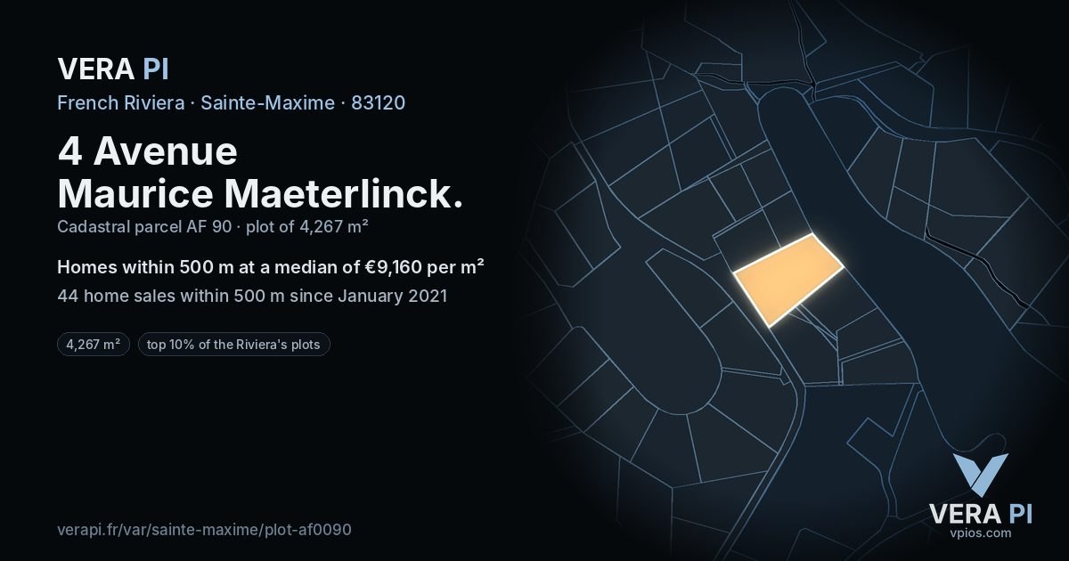 4 Avenue Maurice Maeterlinck, Sainte-Maxime at night – the plot lit, the parcels around coloured by the prices near them