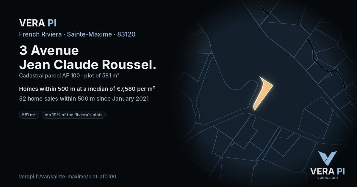3 Avenue Jean Claude Roussel, Sainte-Maxime at night – the plot lit, the parcels around coloured by the prices near them