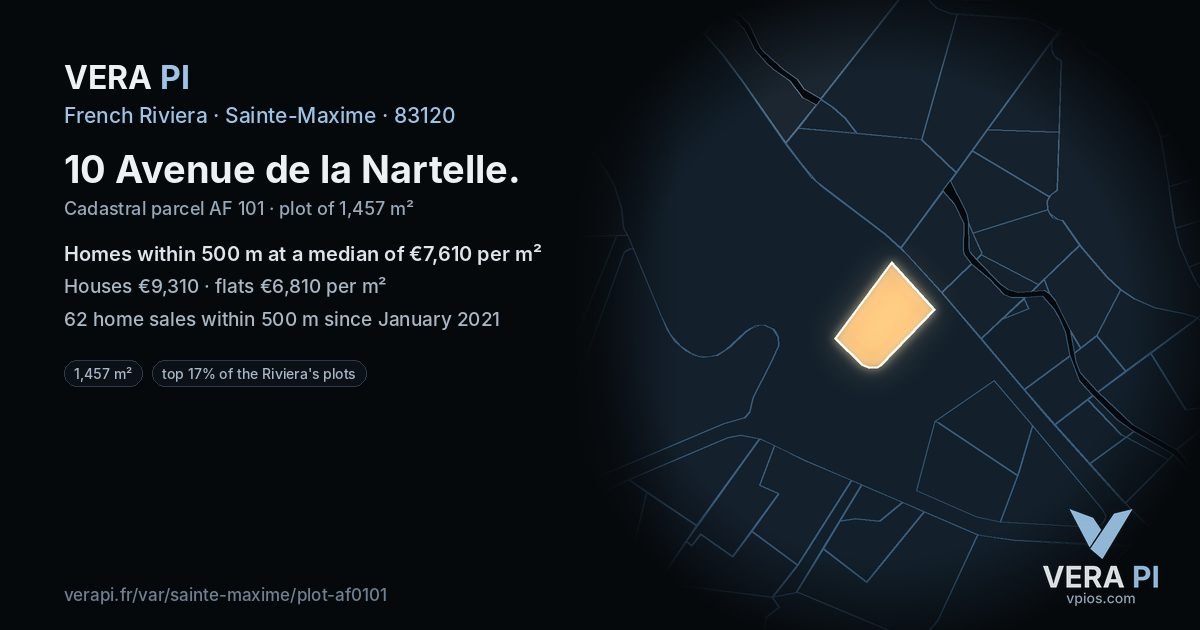 10 Avenue de la Nartelle, Sainte-Maxime at night – the plot lit, the parcels around coloured by the prices near them
