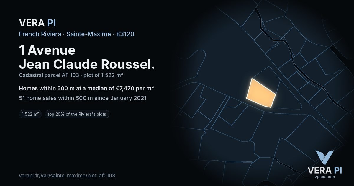 1 Avenue Jean Claude Roussel, Sainte-Maxime at night – the plot lit, the parcels around coloured by the prices near them