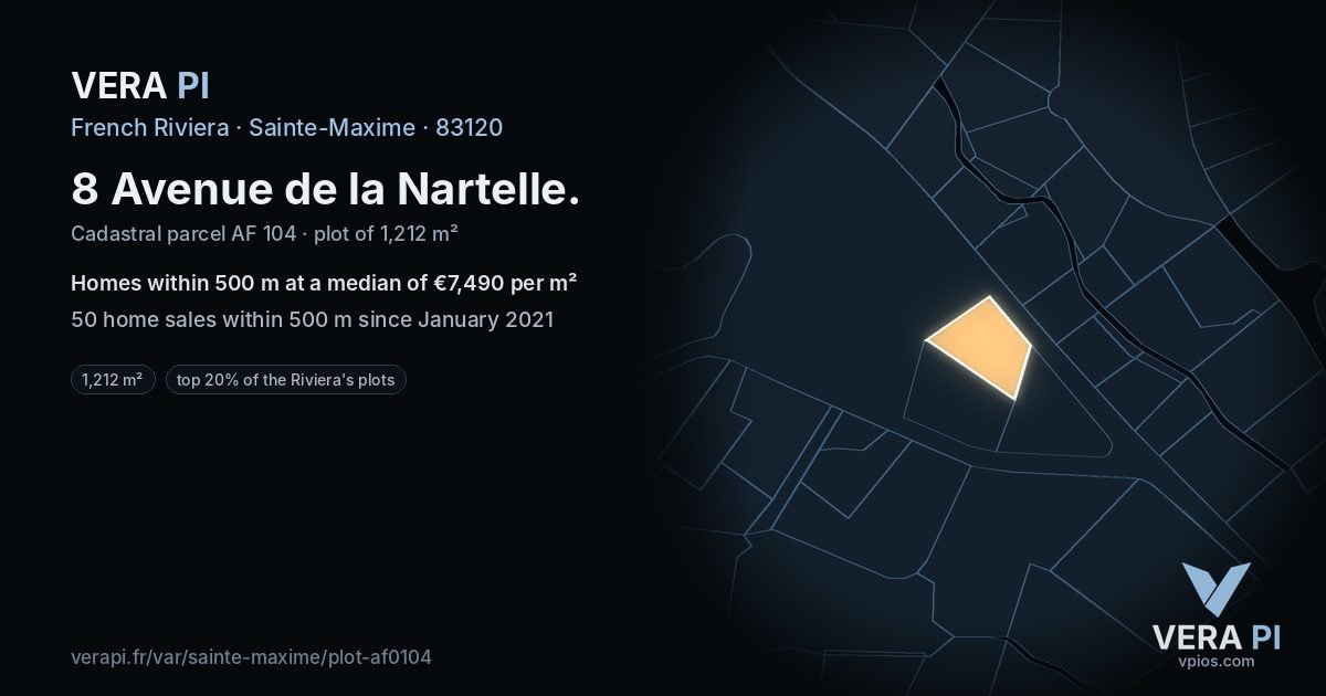 8 Avenue de la Nartelle, Sainte-Maxime at night – the plot lit, the parcels around coloured by the prices near them